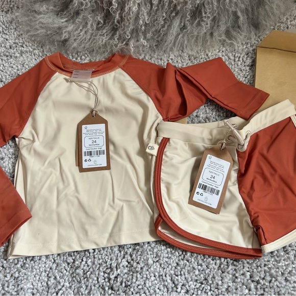 Kids Toddler Baby 24M Rashguard & Swim Shorts Set Unisex Cream Burnt Orange NWT - Picture 3 of 12